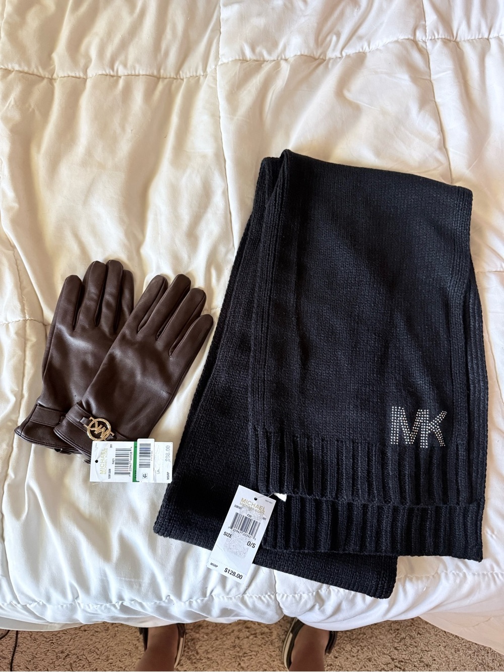 Michael Kors Black MK Crystal Logo Scarf AND leather gloves